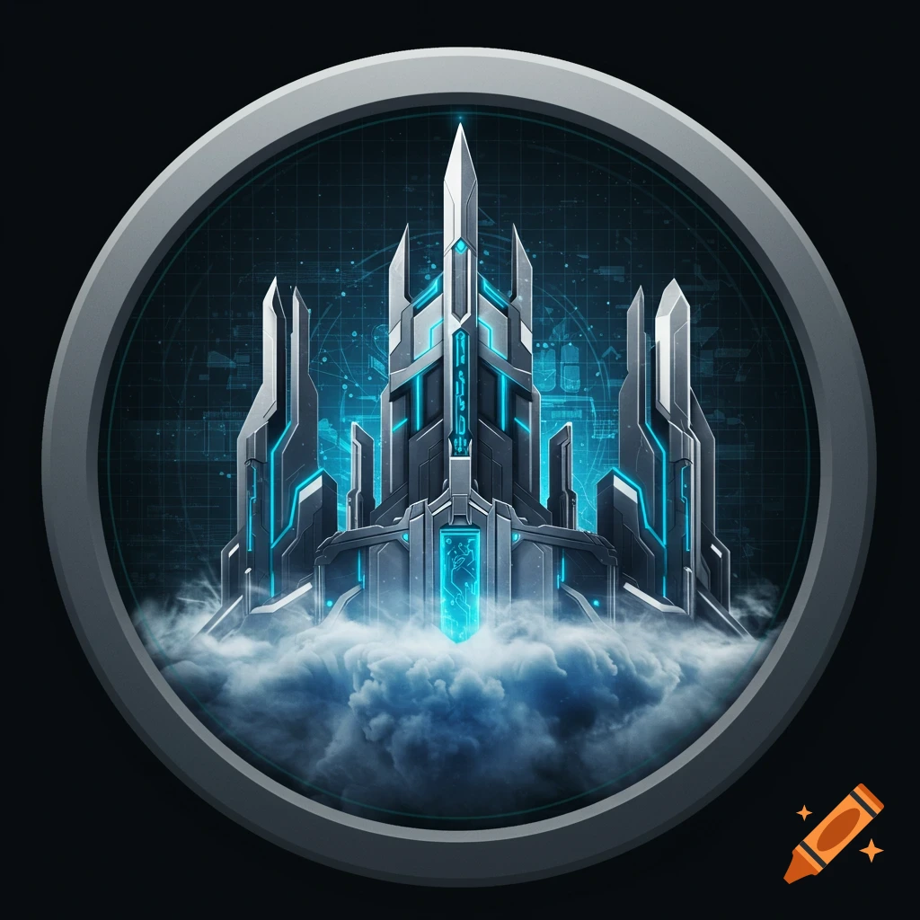 A futuristic, dark citadel icon with glowing blue accents emerges from clouds, set against a digital grid background within a circular frame.