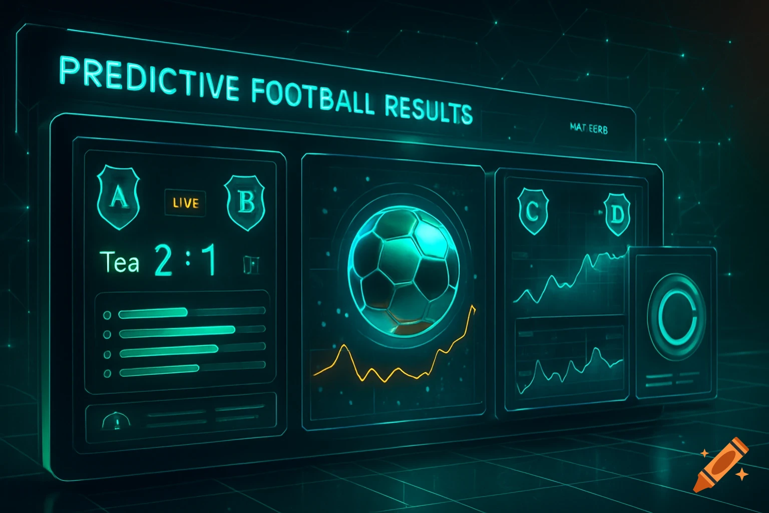 A glowing futuristic holographic display showing predictive football results, including a scoreboard, a soccer ball, and data graphs.