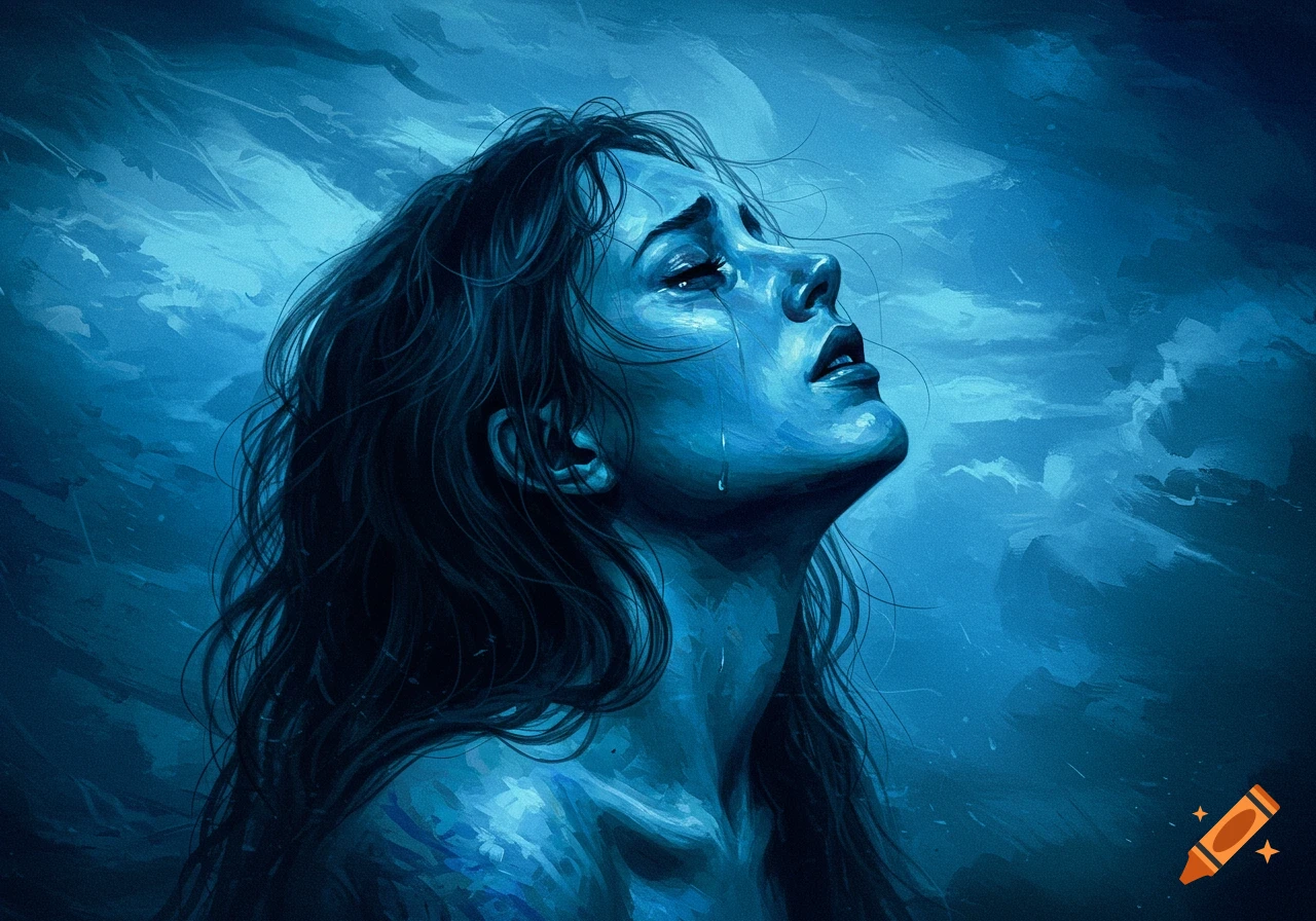 Oil painting of a crying woman looking up, depicted in shades of blue.
