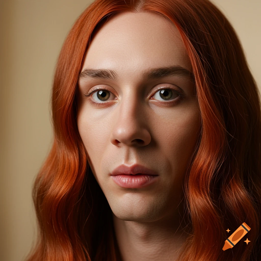 Close-up portrait of a person with long wavy red hair and fair skin looking directly at the viewer on a beige background.