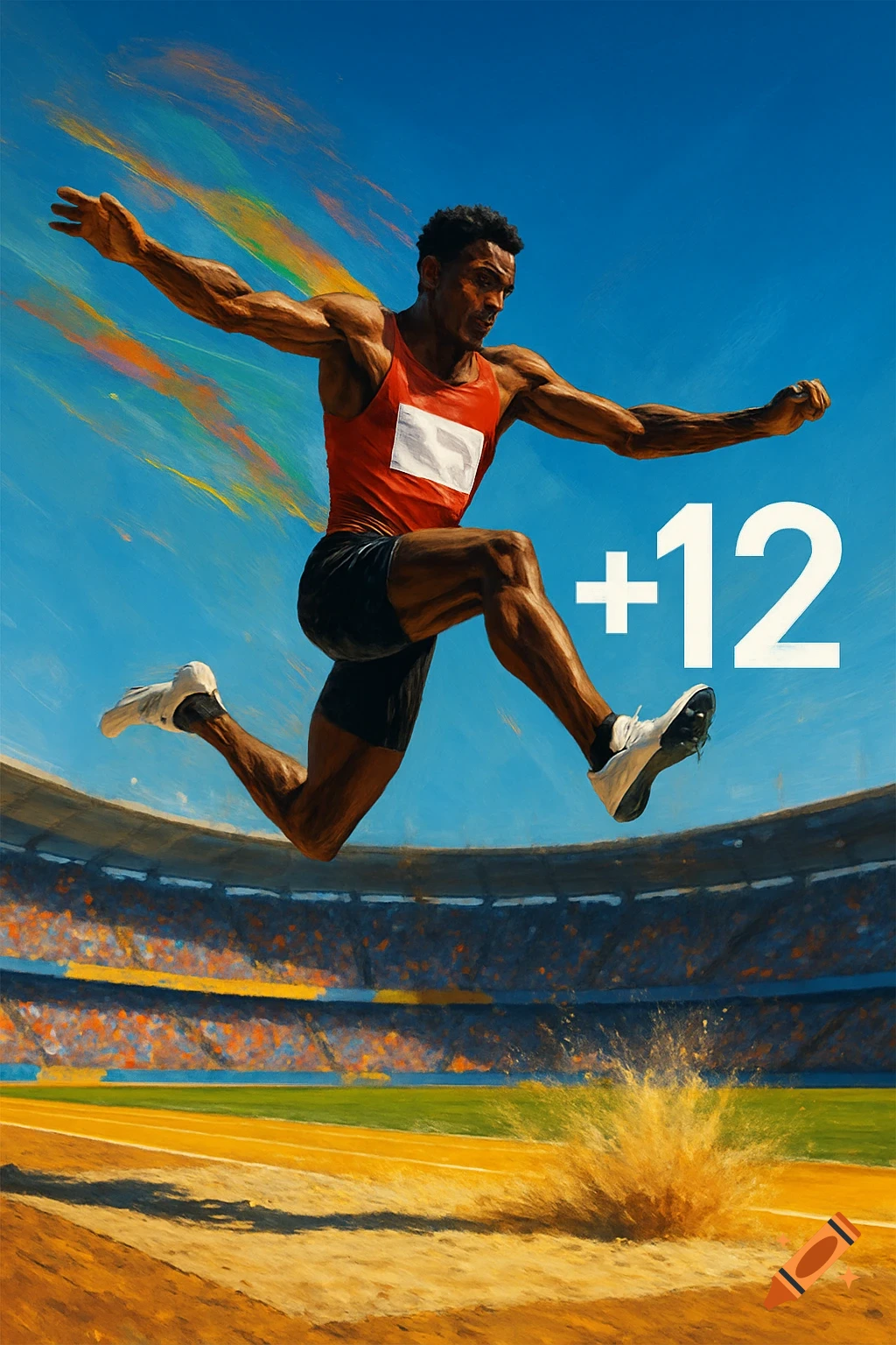 A male long jump athlete in mid-air above a sand pit in a stadium, with painterly colorful streaks and the text '+12'.