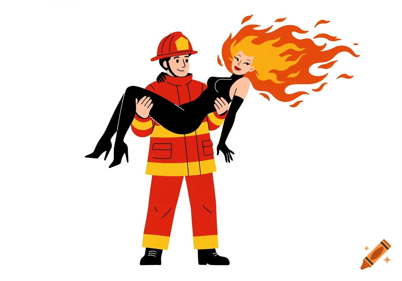 A cartoon firefighter carries a woman with flaming hair.