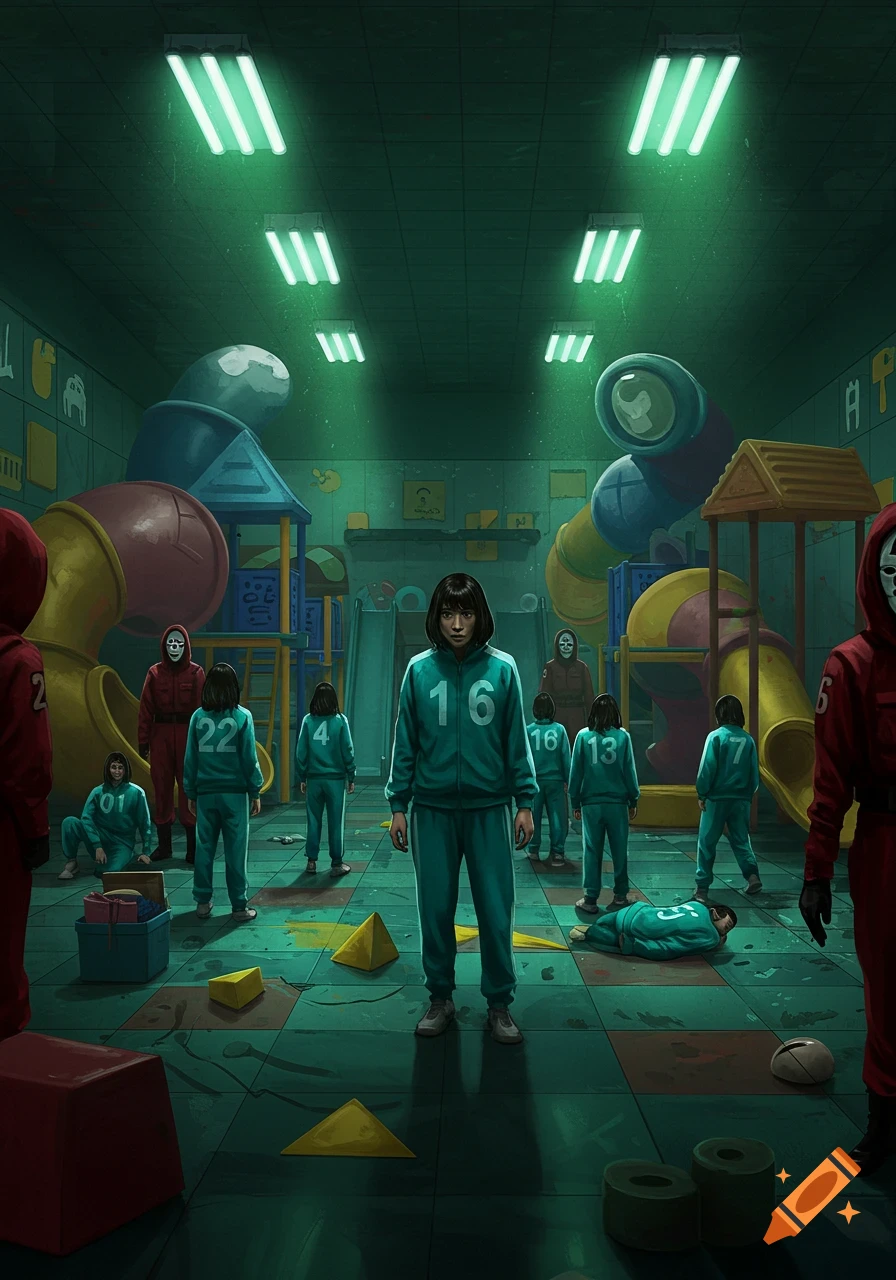 Illustration of people in teal tracksuits and masked figures in red suits in a dark, creepy playroom, one person lies on the floor.