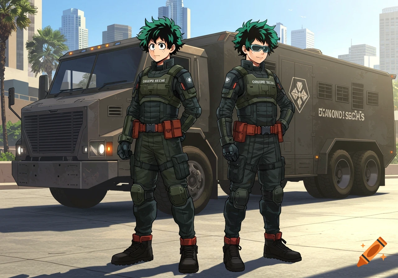 Two anime-style Izuku Midoriya characters in tactical Gruppe Sechs outfits stand in front of an armored Gruppe Sechs truck in a city setting.