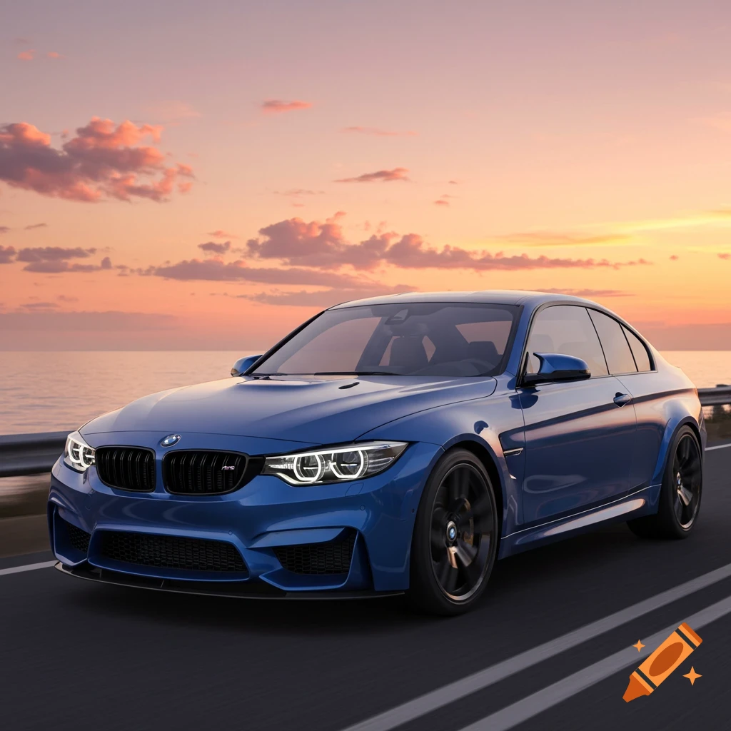 A blue BMW M3 drives on a coastal road at sunset, with the sea visible in the background.