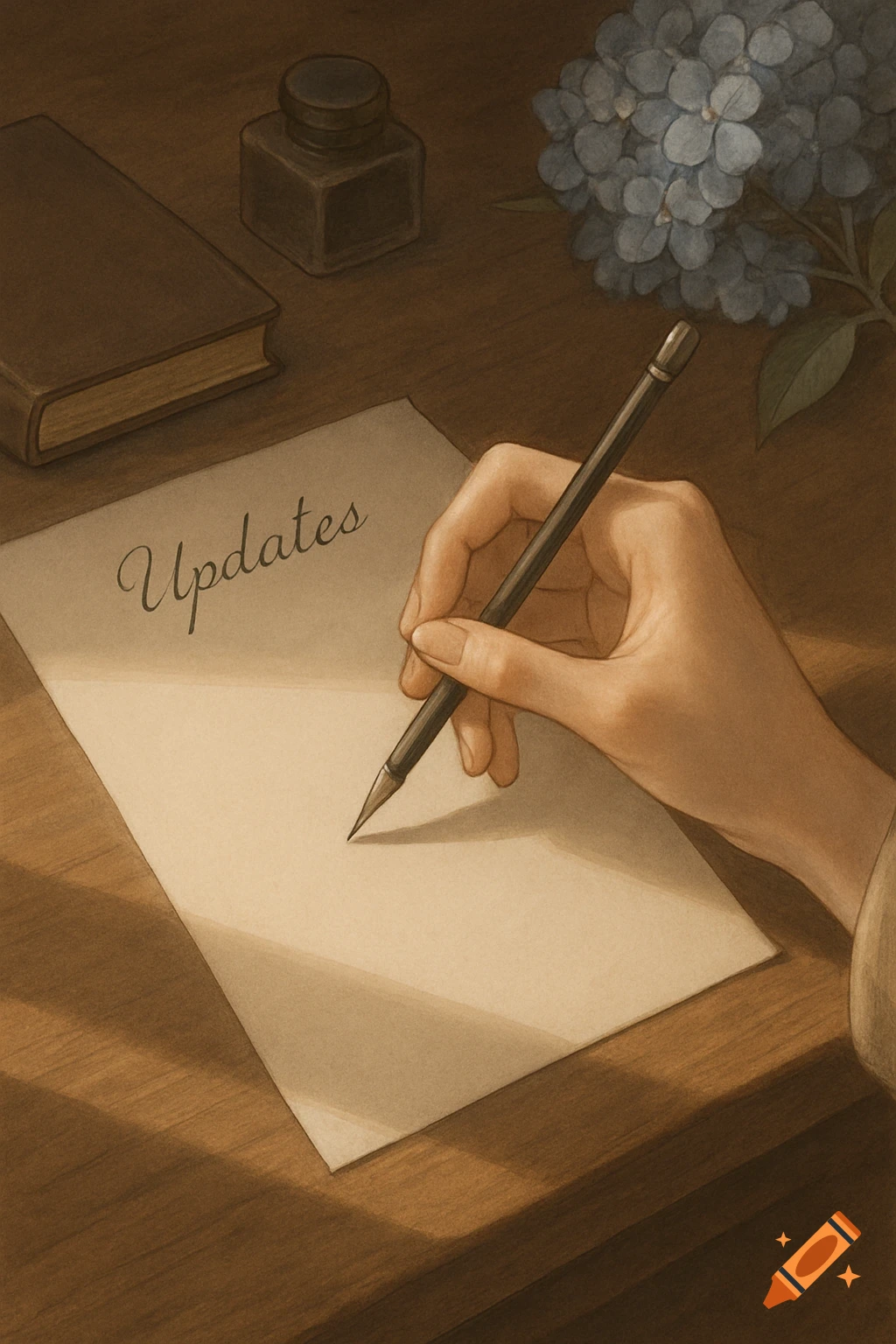 A woman's hand holds a pencil, poised to write on a paper titled "Updates" on a wooden desk with a book, inkwell, and blue flowers.