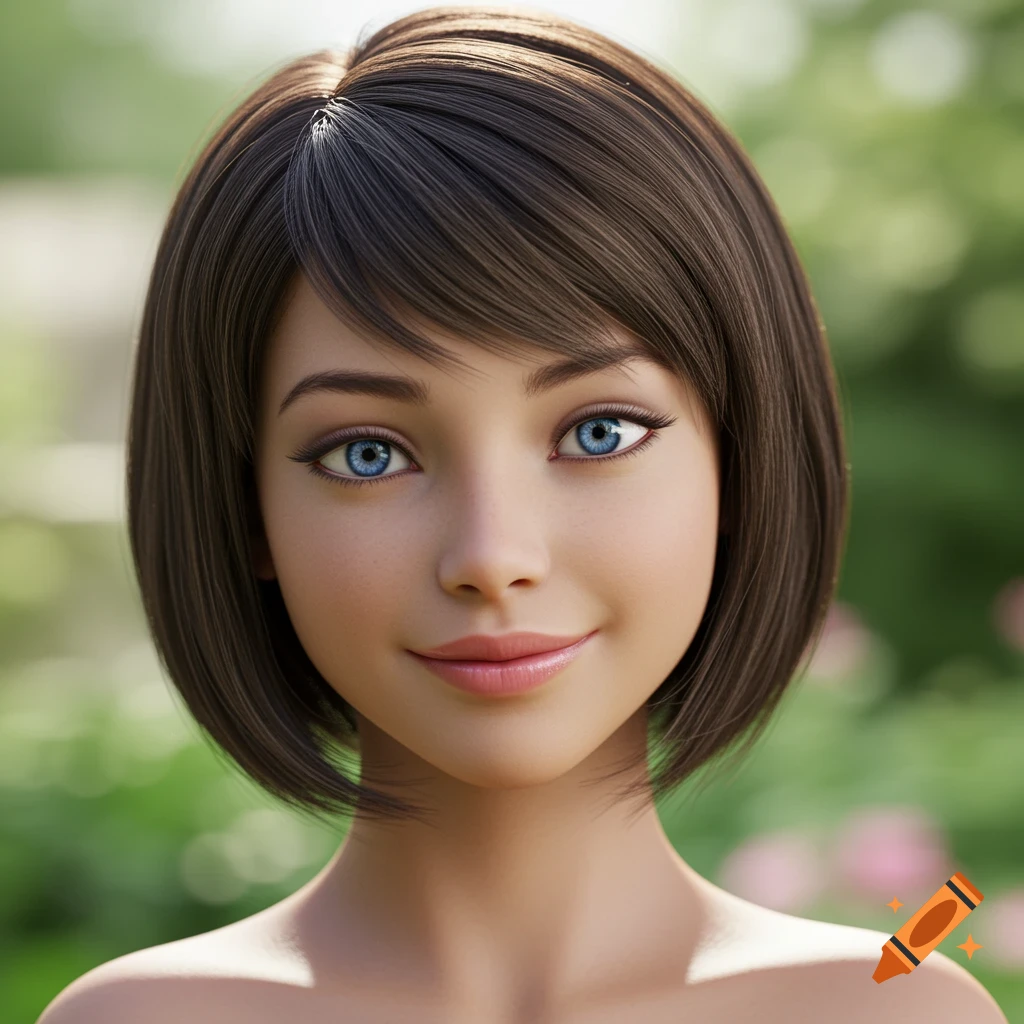 Close-up photorealistic portrait of a young girl with blue eyes, a bob haircut, and bare shoulders, smiling softly outdoors.