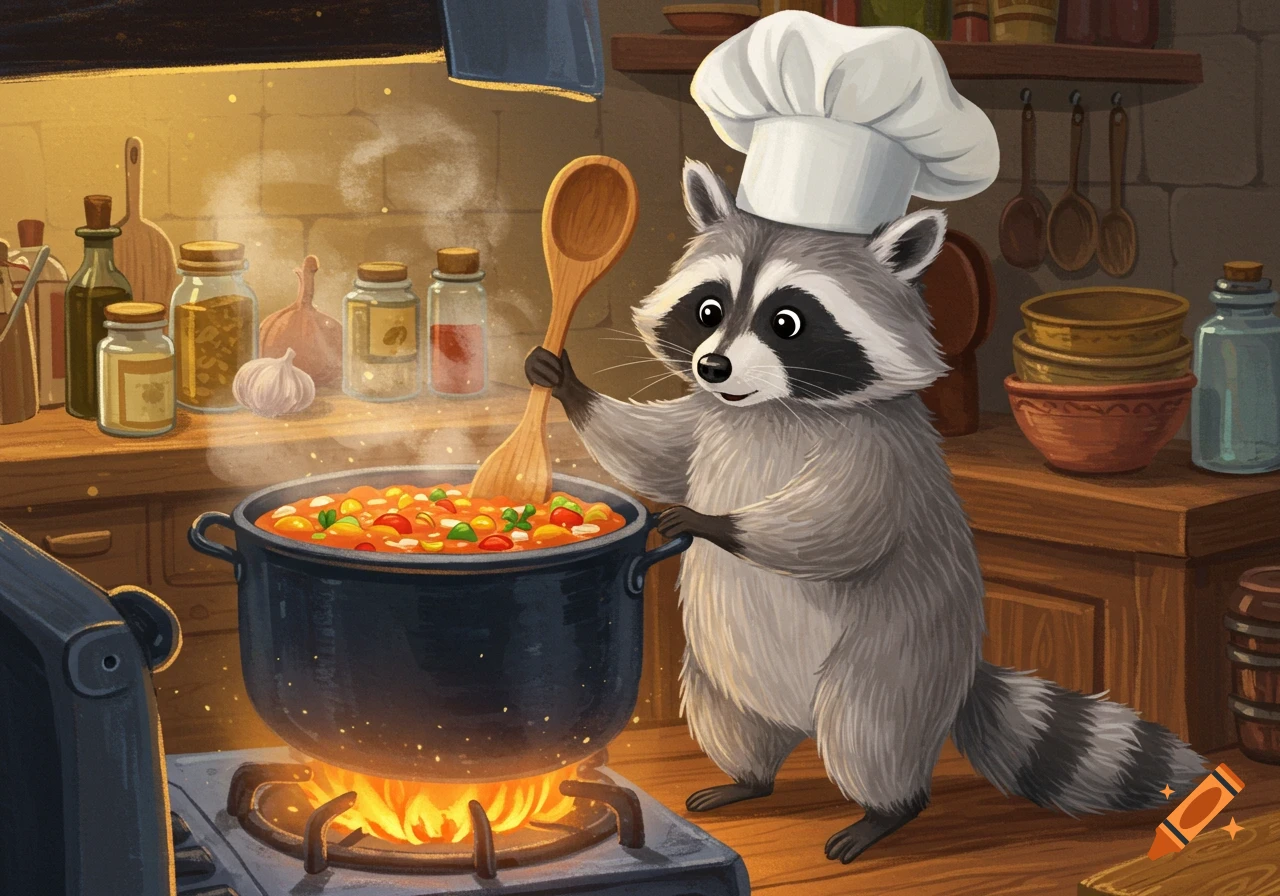 A cute cartoon raccoon wearing a chef hat stirs a large pot of stew on a stove in a cozy kitchen.