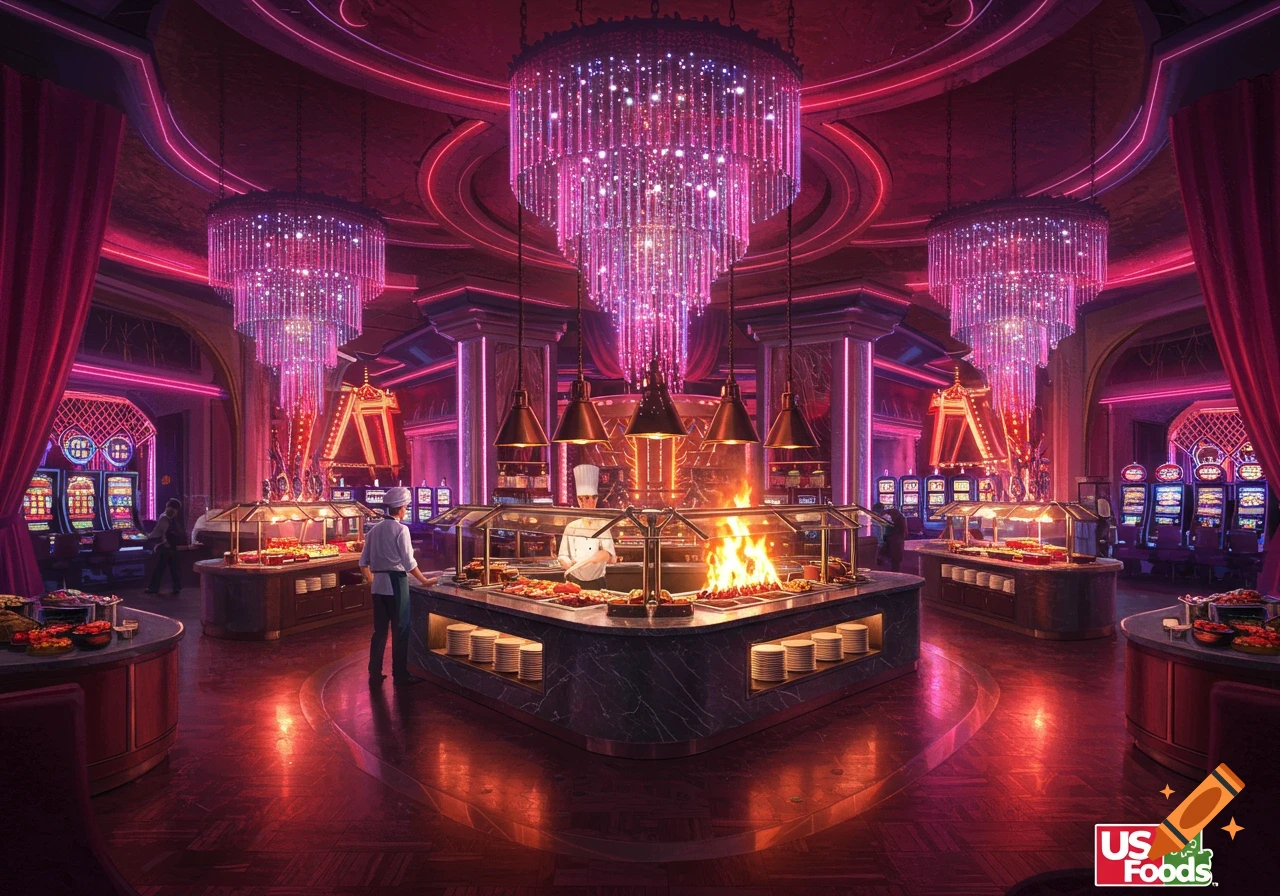 A vibrant, luxurious casino buffet with chefs, multiple food stations, sparkling chandeliers, and slot machines in the background under neon lights.