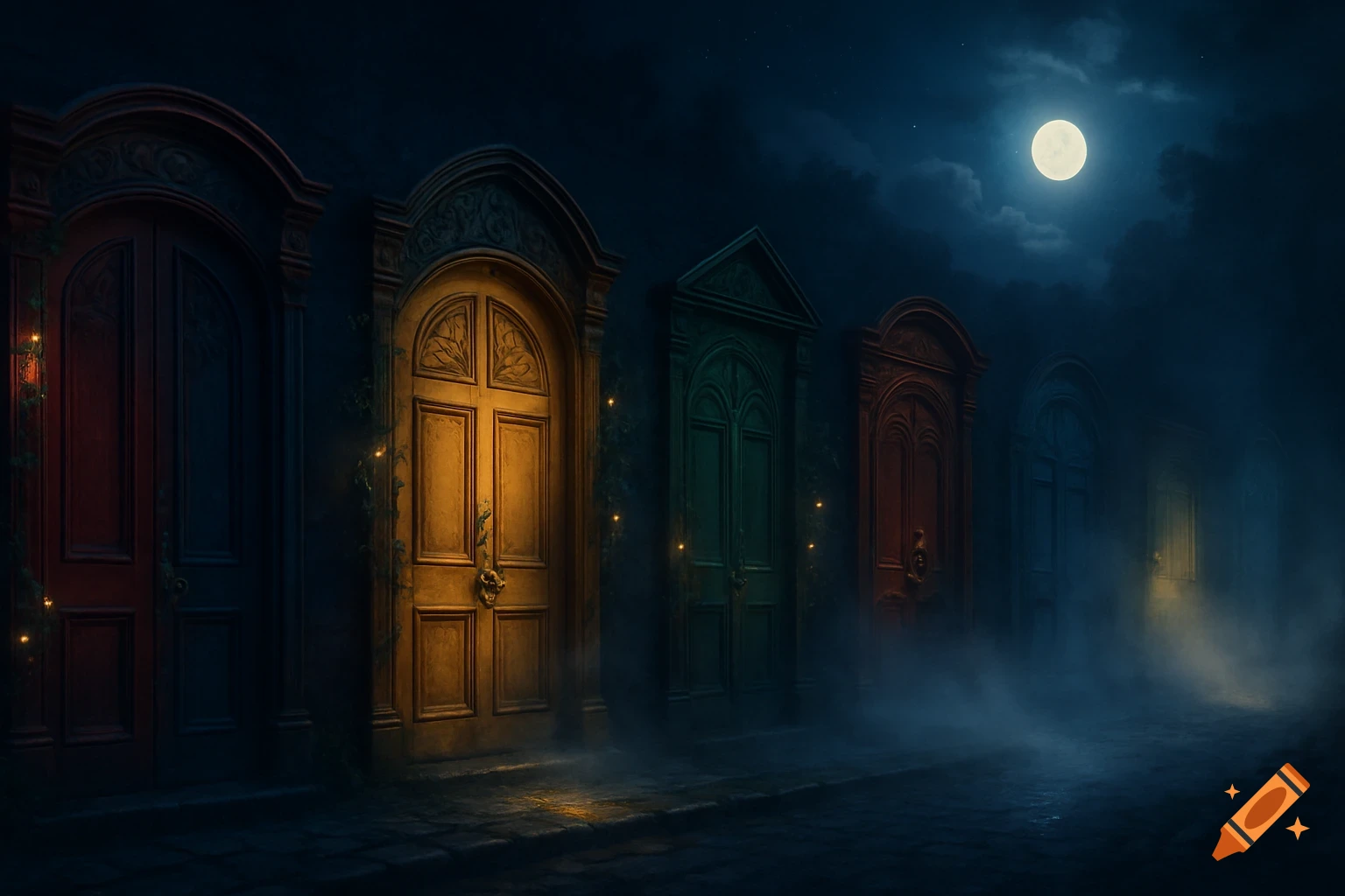 A row of ornate doors on a dark, misty street at night, illuminated by a full moon and soft glowing lights.