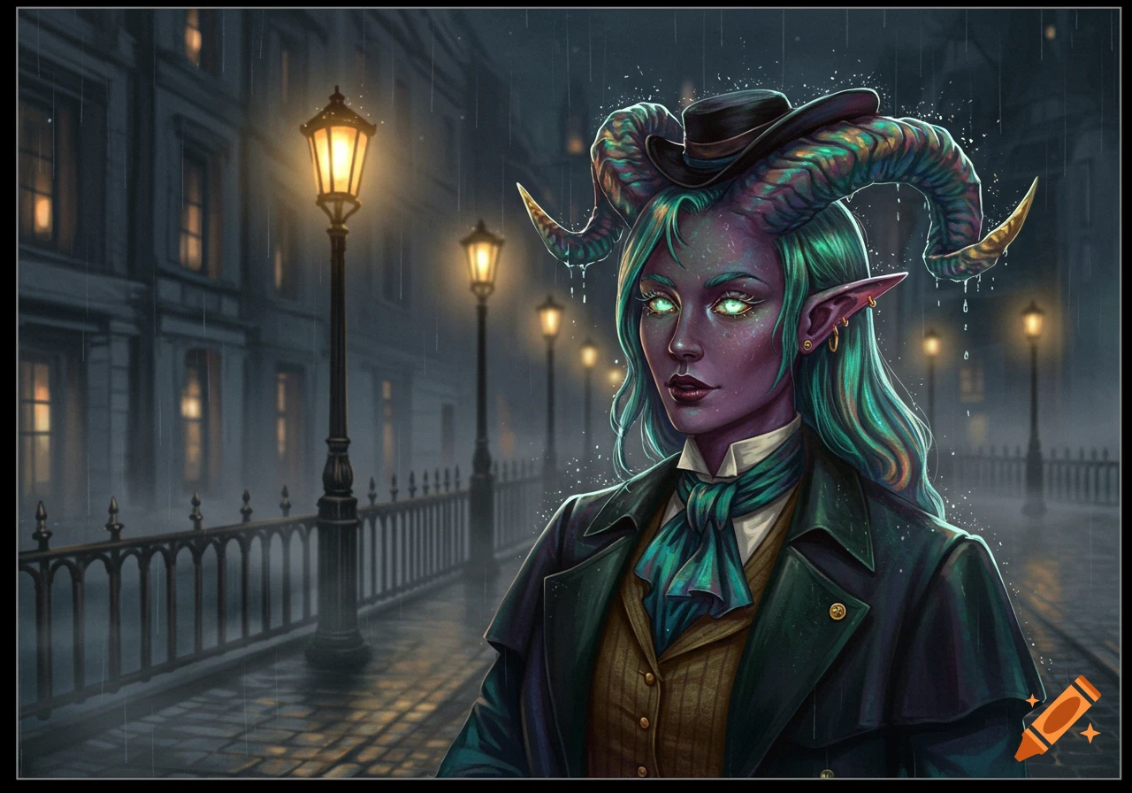 A purple-skinned tiefling with glowing green eyes, teal hair, and iridescent horns wears a dark coat and hat, standing in a rainy, lamp-lit city street.