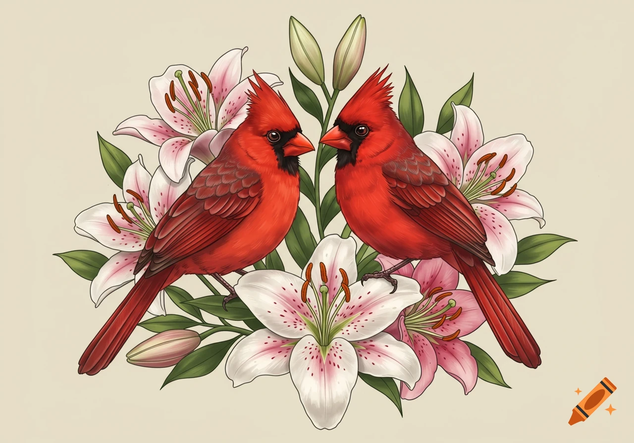 Two red cardinal birds surrounded by pink and white stargazer lilies in an illustrative tattoo style.
