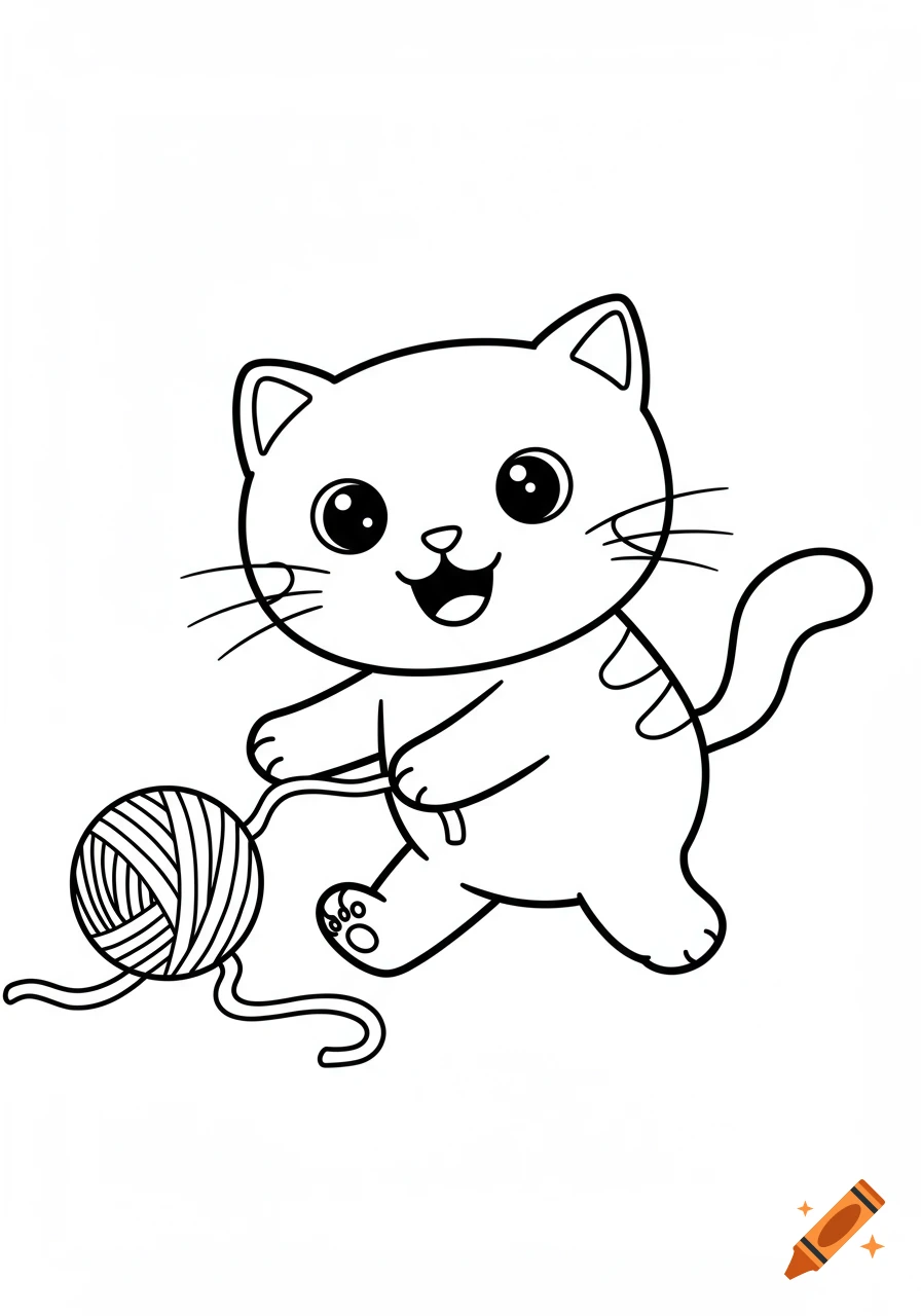 A smiling cartoon cat plays with a ball of yarn, depicted in bold black line art on a white background.