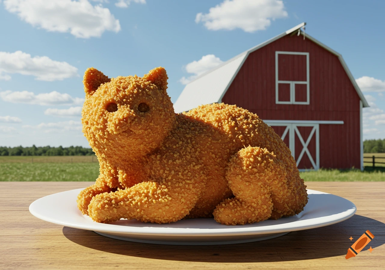Hyperrealistic fried chicken shaped like a cat on a white plate with a red barn in a sunny field.