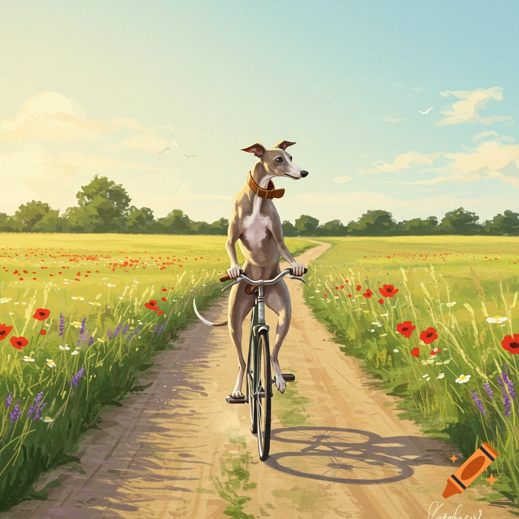 A greyhound dog rides a bicycle down a dirt path through a field of green grass and red poppies under a sunny sky.