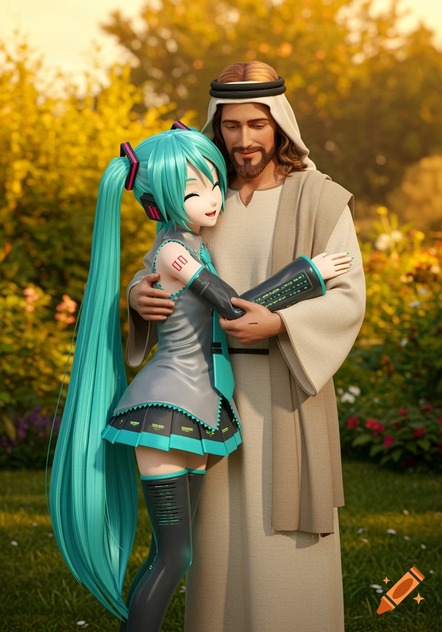 Jesus Christ with a beard and robe hugs Hatsune Miku with long teal pigtails, a gray and teal outfit, and headphones. They are standing outdoors in a bright, sunny garden.