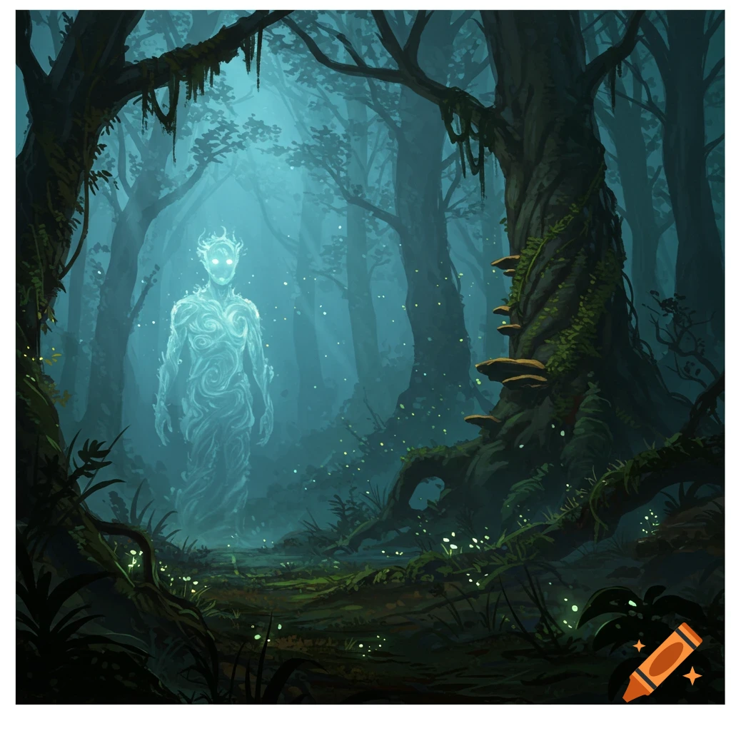 A glowing, ethereal spirit with swirling patterns on its body stands in a dark, misty, magical forest.