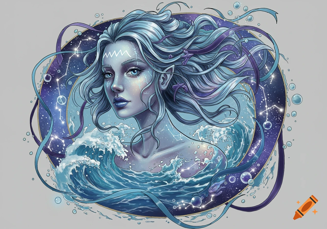 Stylized illustration of an Aquarian woman with blue hair, emerging from waves, surrounded by constellations and cosmic elements.