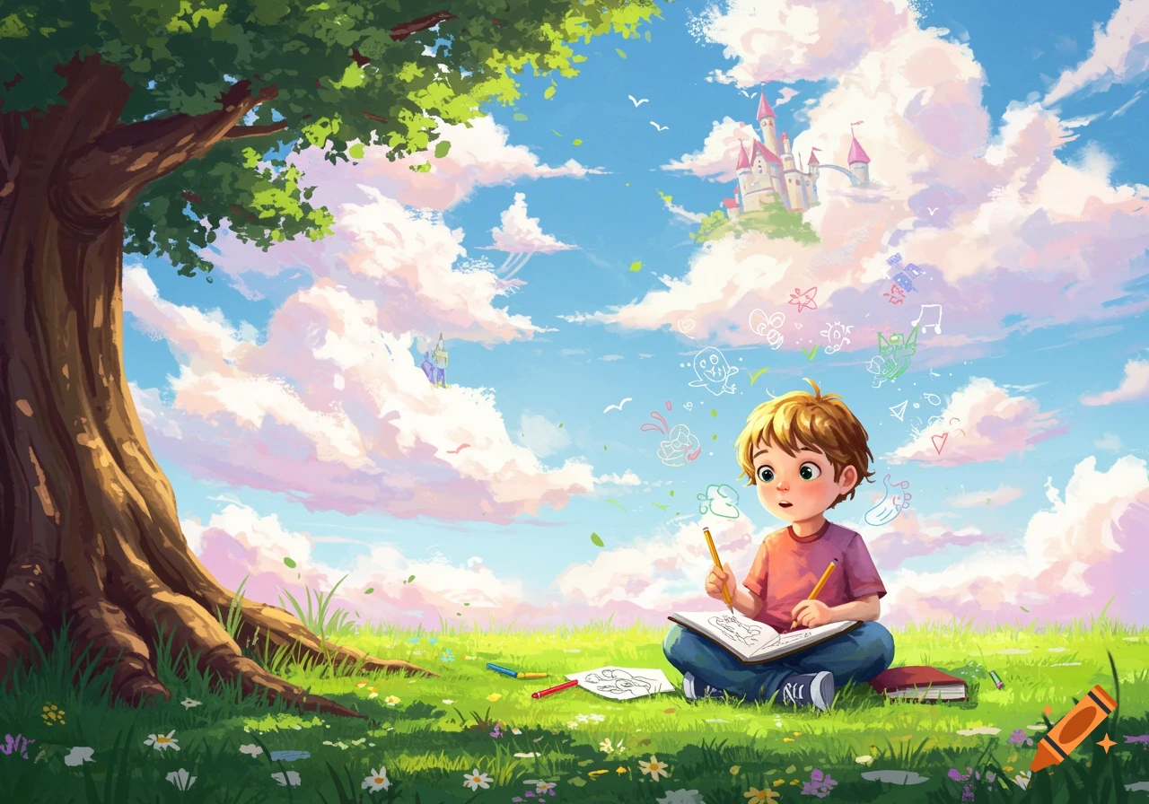 A whimsical illustration of a boy drawing under a tree in a field, with a pink castle in the sky and creative doodles floating around him.