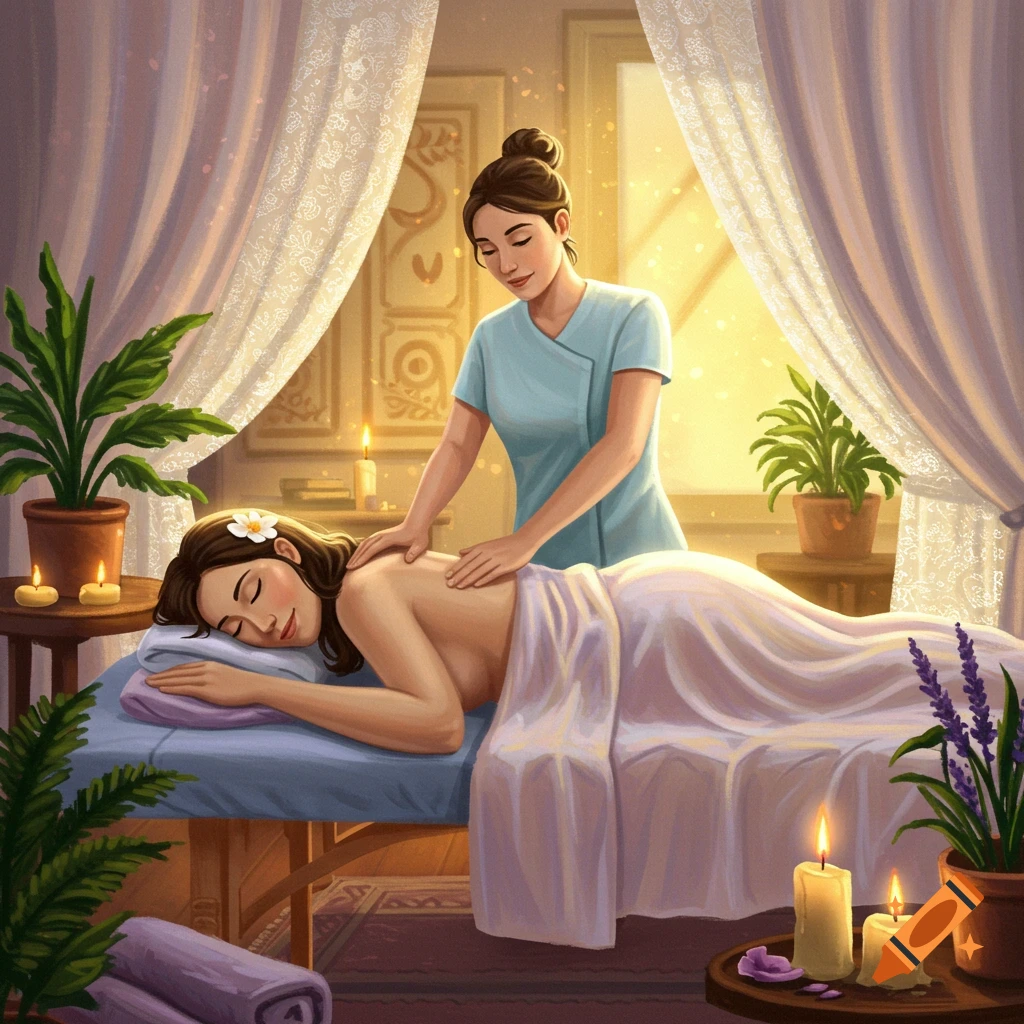 An illustration of a woman receiving a back massage from a therapist in a serene room with warm lighting, candles, and plants.