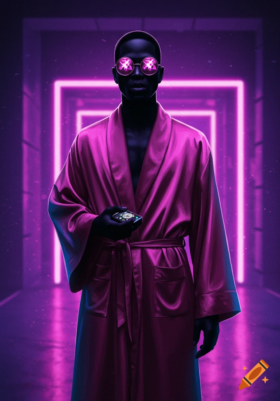 A silhouetted man in a pink robe and reflective pink sunglasses holds a device in a dark, neon purple futuristic hallway.
