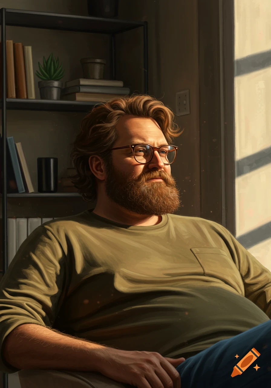 A man with a beard and glasses sits by a sunlit window, a bookshelf behind him, in a realistic digital painting.