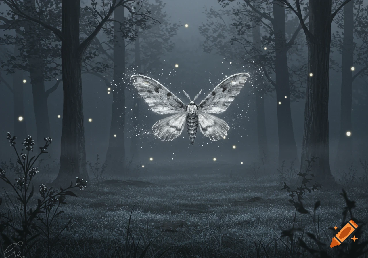 A glowing moth floats amidst sparkling lights in a dark, misty forest at night, surrounded by trees and glowing fireflies.