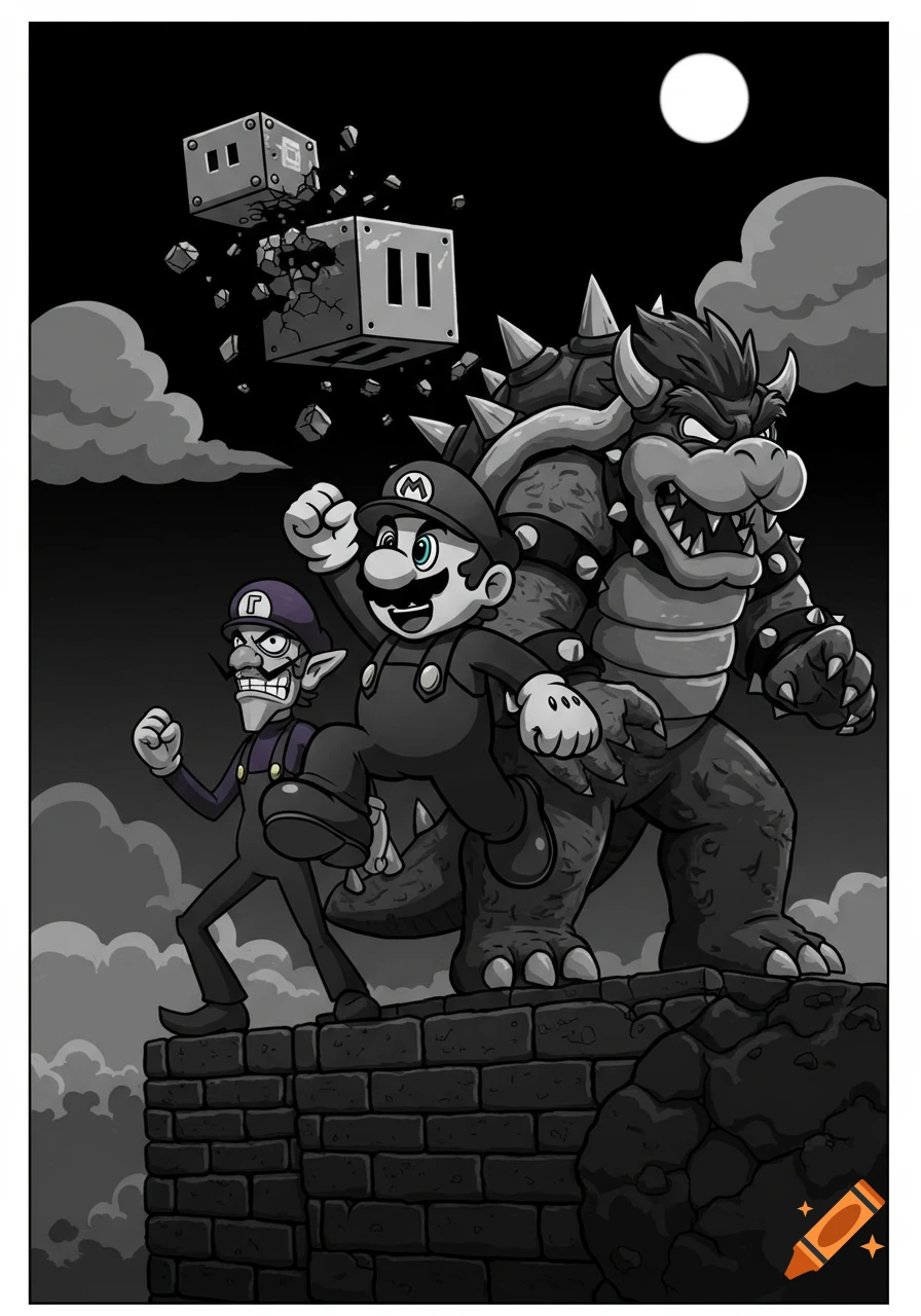 Black and white cartoon of Mario, Waluigi, and Bowser on a brick wall at night, with breaking blocks.