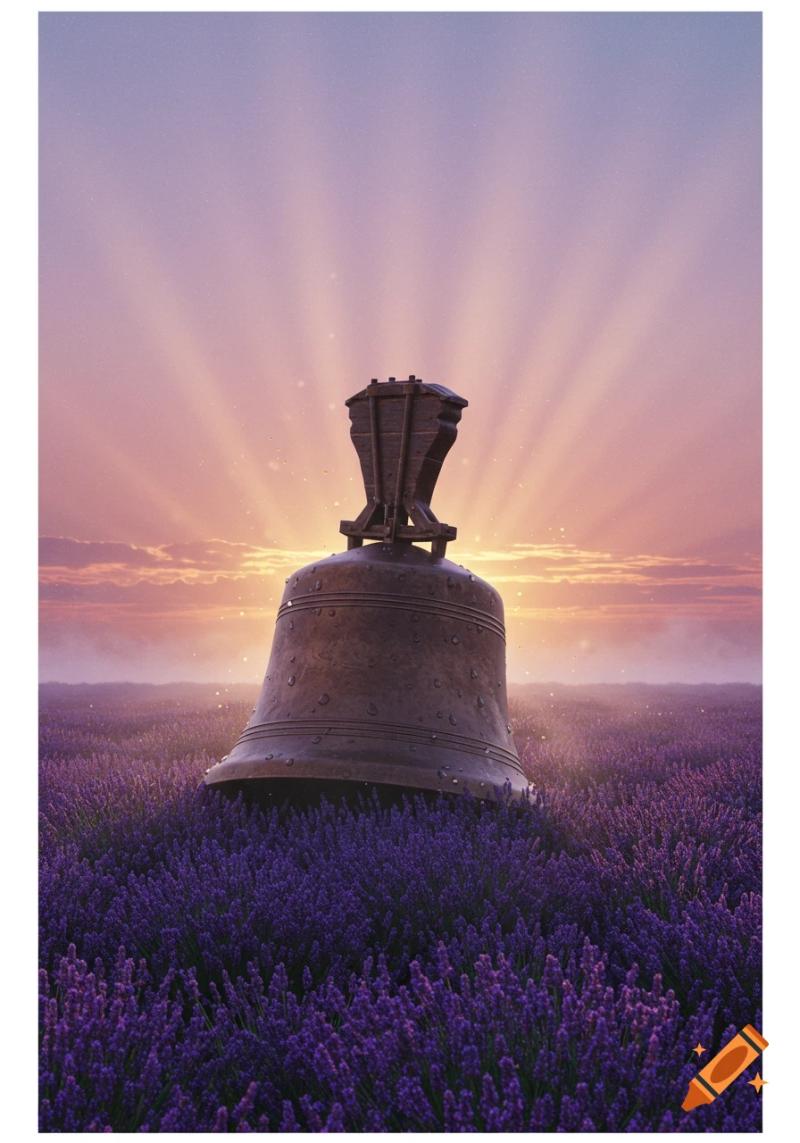 A large, weathered metal bell stands in a field of purple lavender flowers under a dramatic sunset with sun rays.