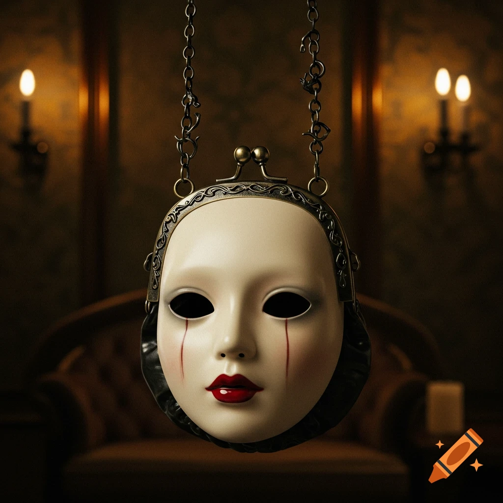 A creepy white porcelain mask with red tear streaks and black eye sockets, hanging from chains like a purse in a dimly lit, dark room with lit candles in the background.