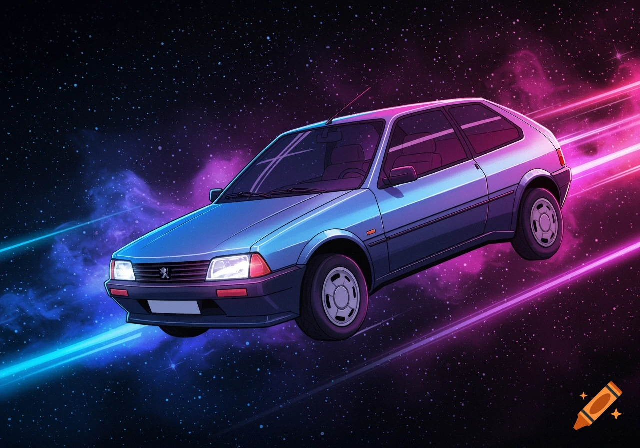 A cartoon blue Peugeot Quasar car floating in a neon-lit cosmic background with streaks of pink and blue light.