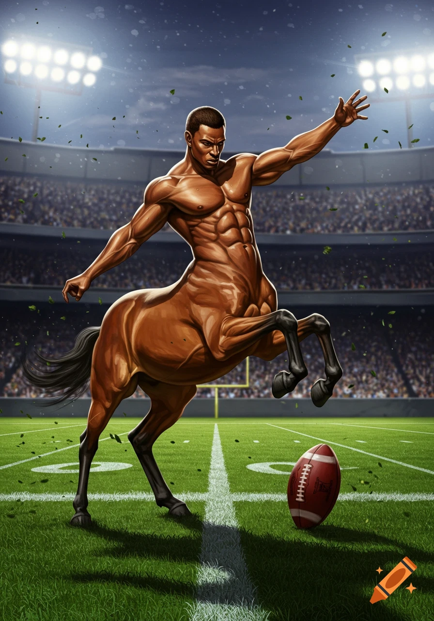 A muscular male centaur on a football field, poised to kick a football under stadium lights at night. Detailed illustration.