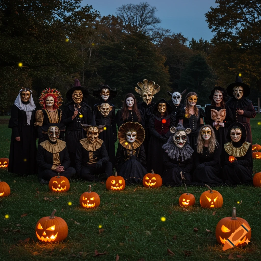 People in ornate Halloween masks and dark costumes gather in a grassy field with glowing jack-o'-lanterns at dusk.