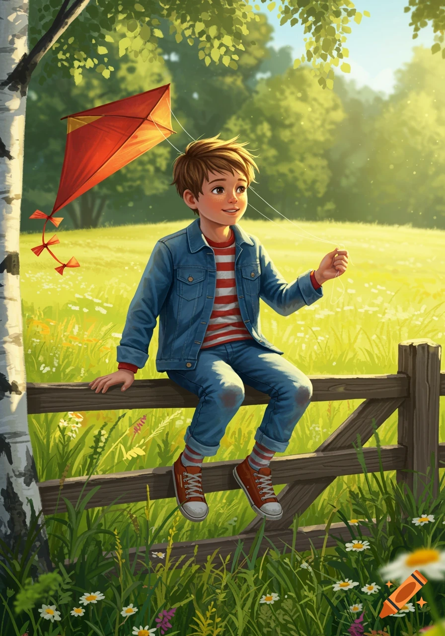 A boy sits on a wooden fence in a sunny green field, holding the string of a red kite flying above him, next to a birch tree.