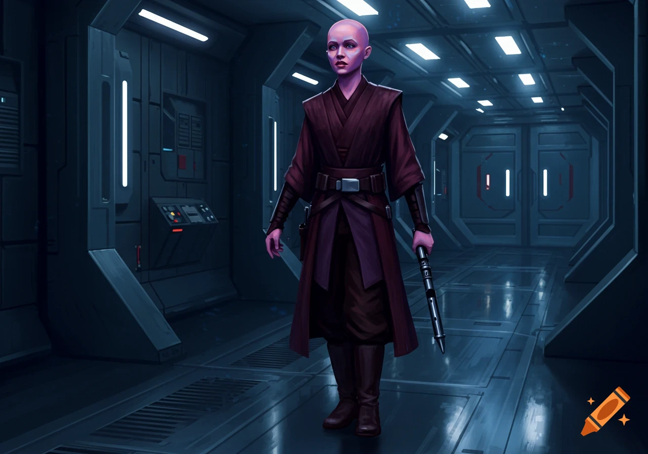 A bald, purple-skinned figure in a dark robe stands in a futuristic sci-fi hallway, holding a lightsaber hilt. Digital art style.