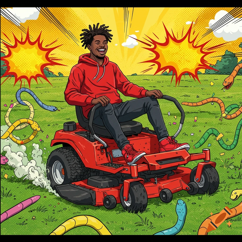 A happy Black man with dreadlocks, wearing a red hoodie, rides a red lawnmower through a grassy field, while cartoon snakes are chopped into bits with pop art explosion effects.