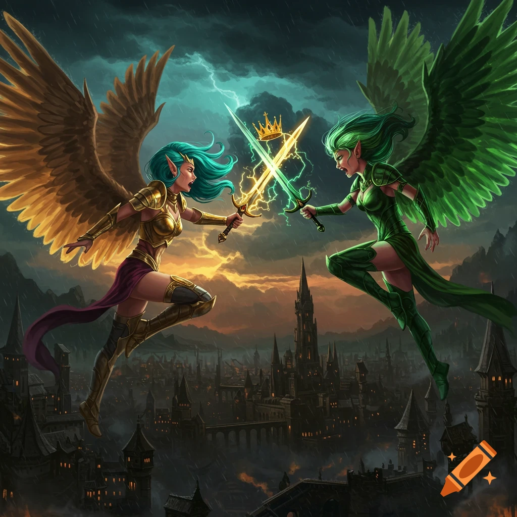 Two winged female warriors, one with golden wings and teal hair, the other with green wings and green hair, sword-fighting above a dark fantasy kingdom during a lightning storm.
