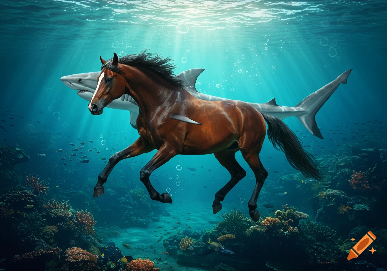 A majestic brown horse-shark hybrid swims gracefully through a vibrant underwater coral reef, with sunlight streaming from above.