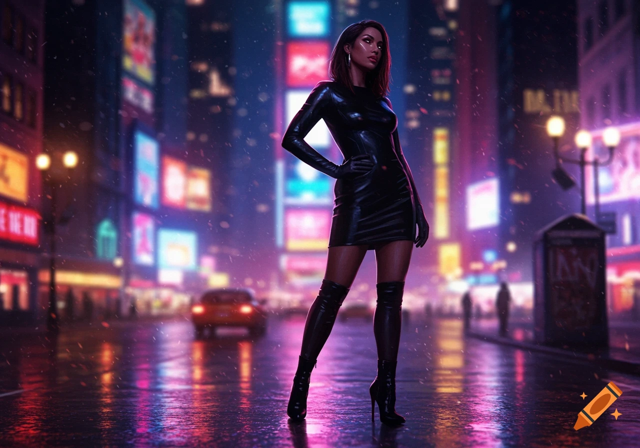 A woman in a black leather dress and knee-high boots stands on a wet street at night, with blurred neon city lights in the background.