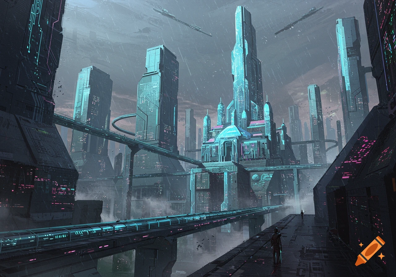 A dark, futuristic city with towering cyberpunk buildings, illuminated by neon lights under a gloomy sky, with a lone figure in the foreground.