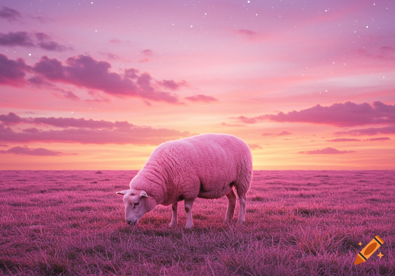 A pink sheep grazes in a vibrant pink field under a beautiful pink and orange sunset sky with small stars.