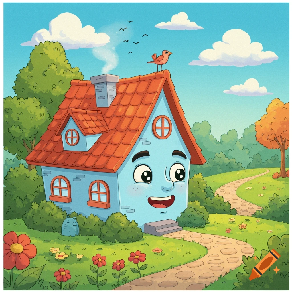 Happy light blue cartoon house with a face, a red roof, and a bird on top, in a green garden with flowers and a path.