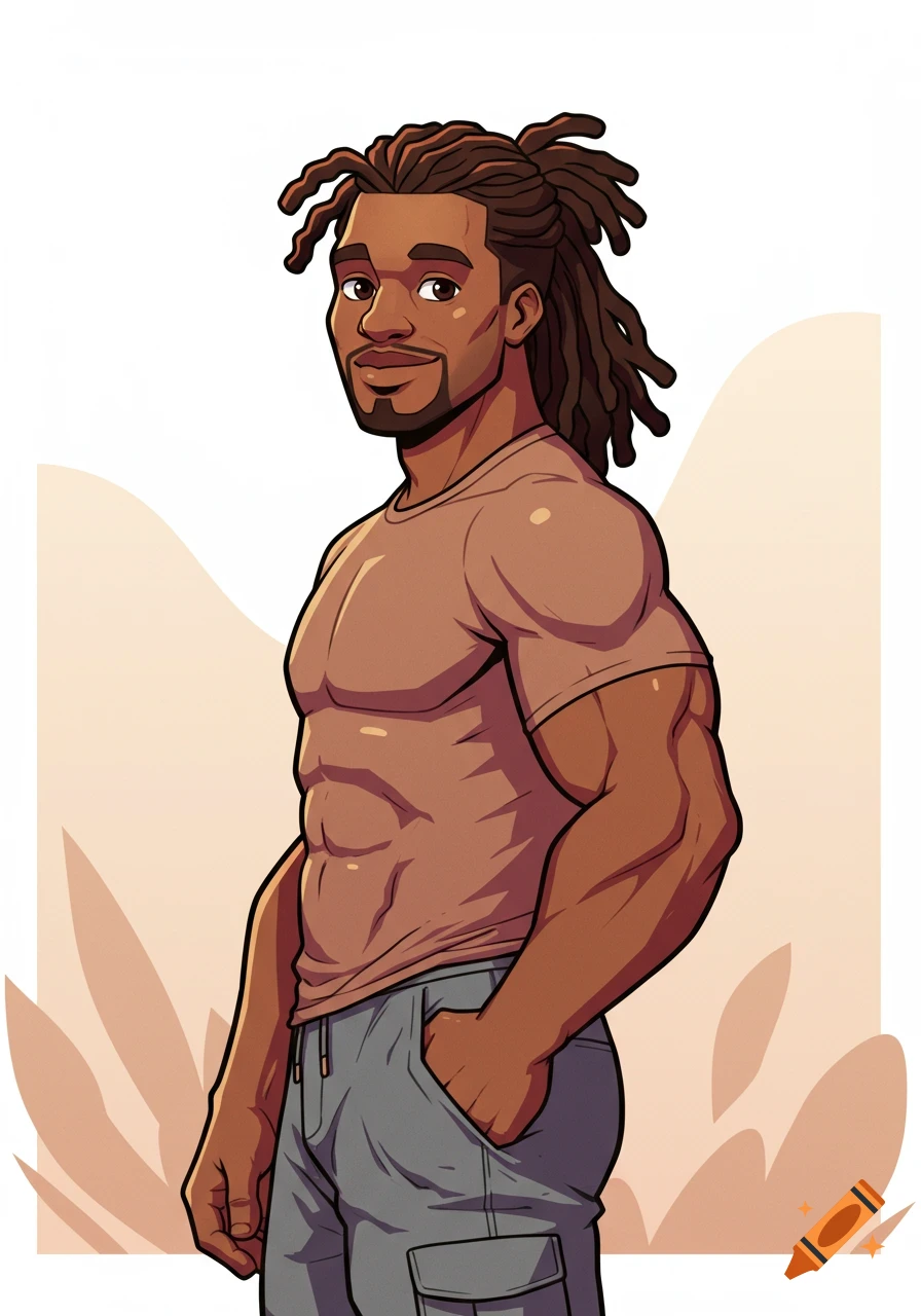 A friendly, brawny African-American male cartoon character with dreadlocks in a ponytail, wearing a brown t-shirt and grey cargo pants, smiling.