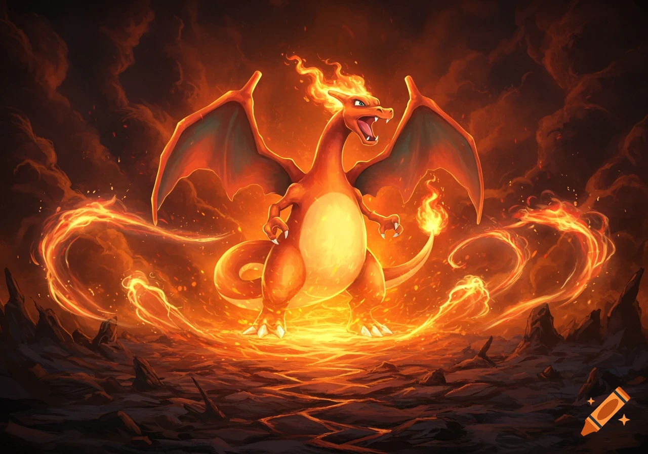 A powerful Charizard engulfed in swirling flames, standing on a volcanic landscape under a smoky sky.