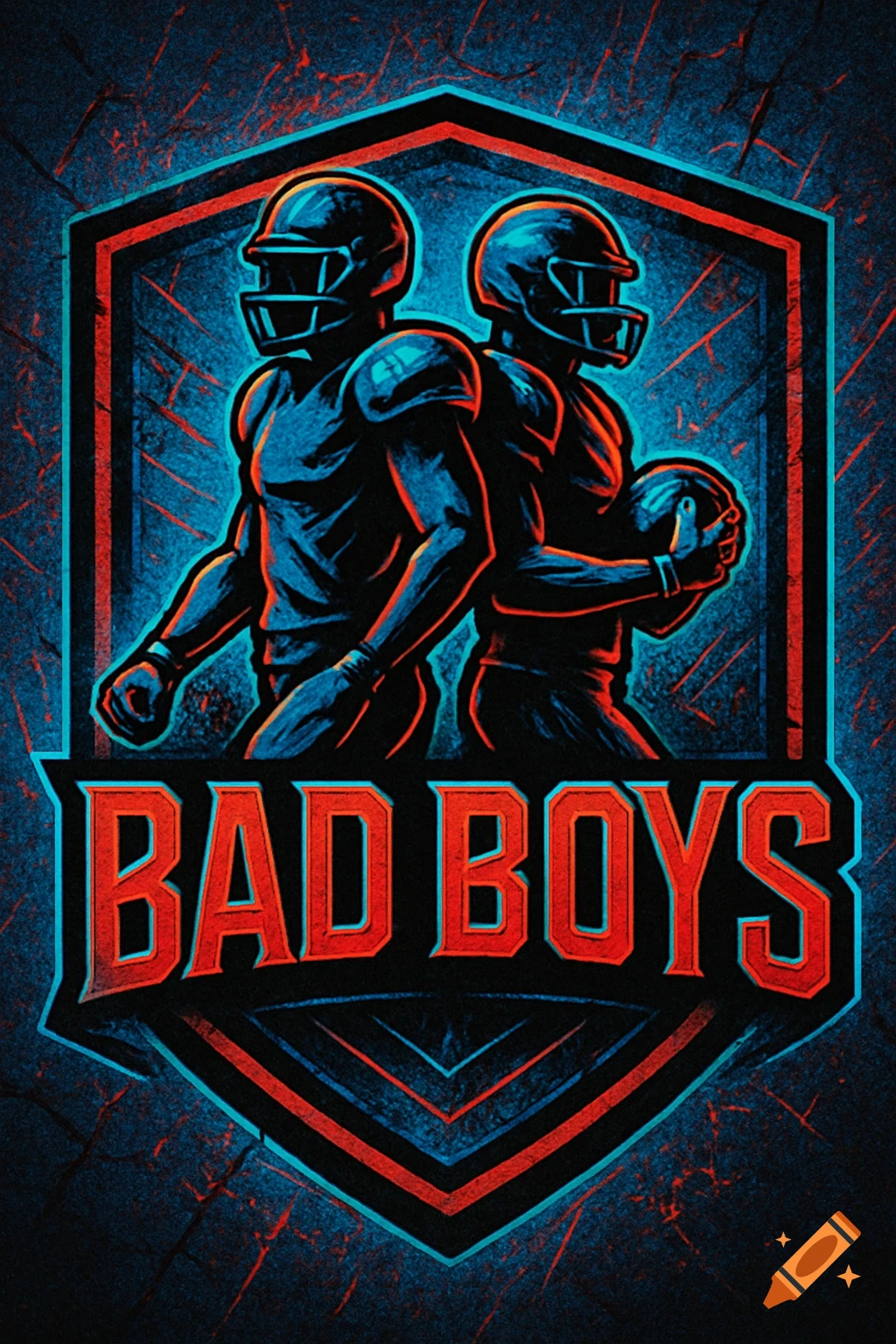 Digital art logo featuring two football players in helmets within a shield, with the text 'BAD BOYS' in red and blue neon.
