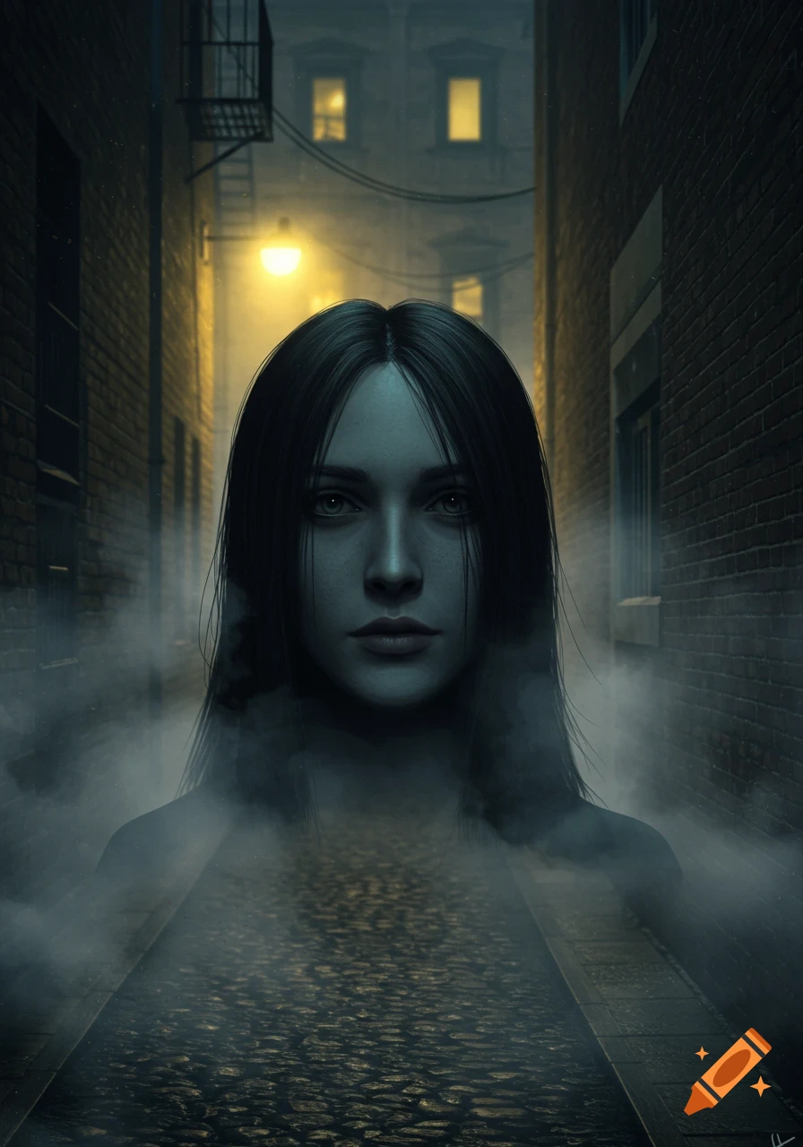 Photorealistic portrait of a mysterious pale woman with dark hair, emerging from mist in a dark, lamp-lit urban alley.