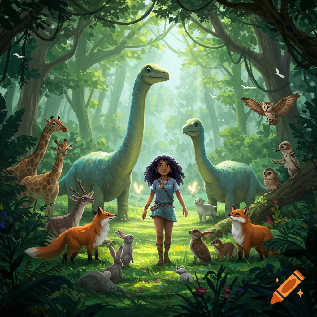 A young girl stands in a bright, magical forest clearing, surrounded by friendly dinosaurs, giraffes, foxes, rabbits, deer, and owls.