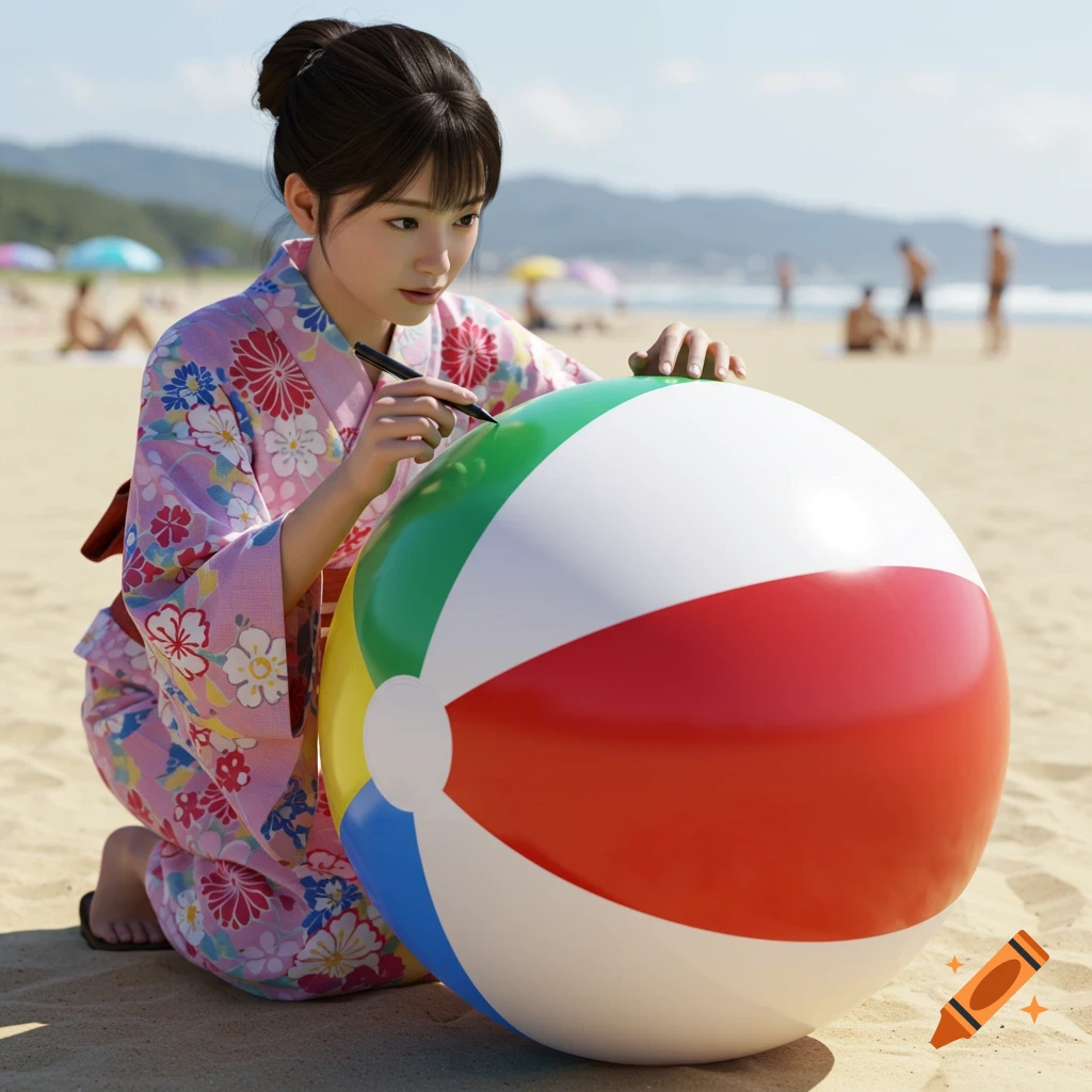 A photorealistic image of a Japanese woman in a pink kimono kneeling on a sandy beach, writing on a large colorful beach ball.