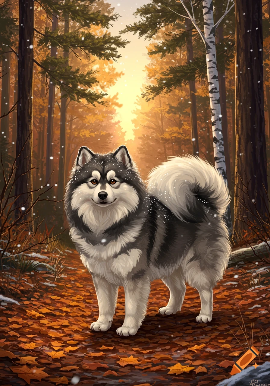 A fluffy Pomeranian Malamute mix dog with black, white, and gray fur stands on a forest path covered in autumn leaves, with light snow falling.