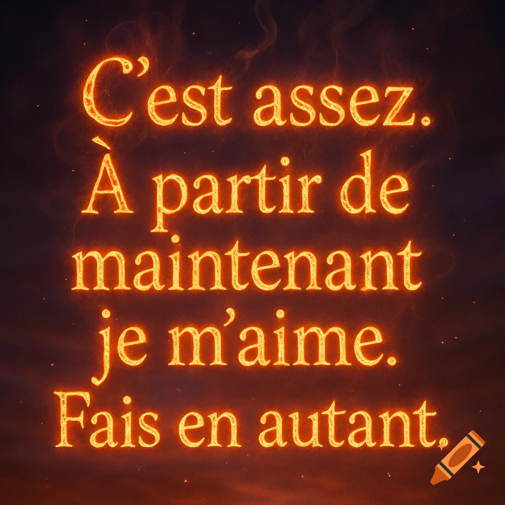 French text in fiery orange letters saying 'C'est assez. partir de maintenant je m'aime. Fais en autant.' against a dark background.